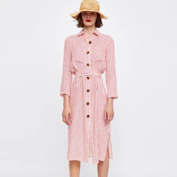 Zara | Red White Stripe Linen Tunic Belted Dress S - Picture 3 of 10